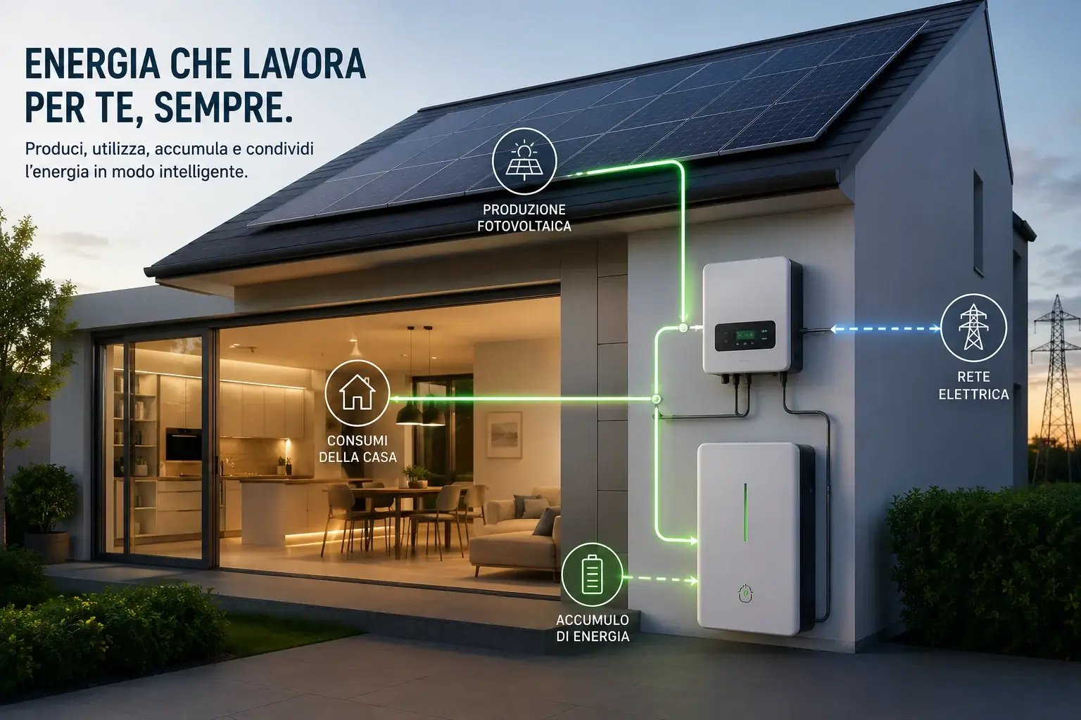 Casa con impianto fotovoltaico e sistema di accumulo residenziale